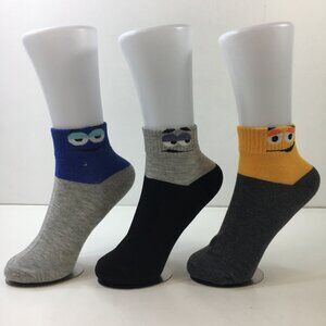 Unisex Colorful Cartoon Character Ankle Socks 3-Pack Fun Faces Blue Gray Yellow
